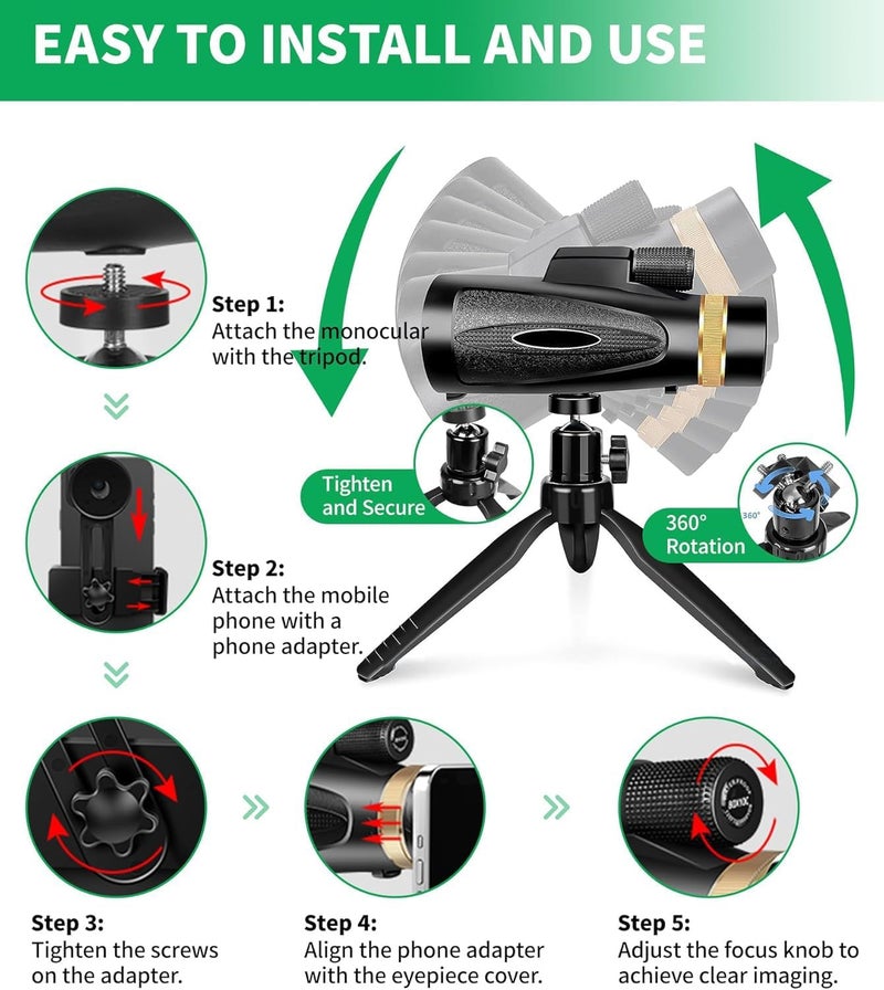KTBDING Monocular Telescope 80x100 HD Monoculars for Adults with Tripod & Phone Adapter, Monoculars for Bird Watching Stargazing Camping Hiking Hunting Wildlife Travel-Black - Image 4